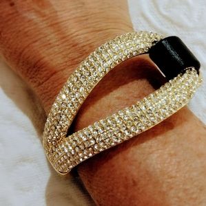 Joan Boyce, 'Edgy Diva' gold, pave crystal, leather, cuff bracelet.